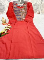 Khadi Cotton Red Traditional Wear Printed Readymade Kurti